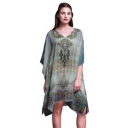 Phagun Yeşil Çiçekli ve Şal Desenli Plaj Kaftan Bikini Örtü Midi Kısa Kaftan Nane Yeşili Kadın Elbise