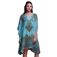 Phagun Yeşil Çiçekli ve Şal Desenli Plaj Kaftan Bikini Örtü Midi Kısa Kaftan Turkuaz Mavi Kadın Elbise