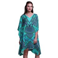Phagun Yeşil Çiçekli ve Şal Desenli Plaj Kaftan Bikini Örtü Midi Kısa Kaftan Turkuaz Yeşil Kadın Elbise