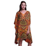 Phagun Yeşil Çiçekli ve Şal Desenli Plaj Kaftan Bikini Örtü Midi Kısa Kaftan Turuncu Kadın Elbise