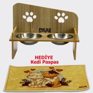 Pikas 8 mm 2 Kaseli Pati Desenli Kedi Köpek Mama ve Su Kabı ve Paspas