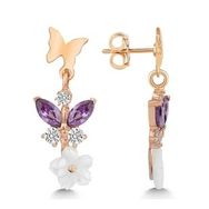 Pilelistore Gümüş Rose Mor Taşlı Sedef Çiçek Çivili Kadın Küpe