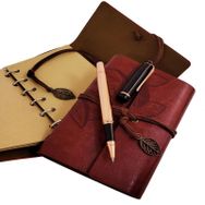 Pilelistore Özel Ahşap Kutulu Kahve Deri Defter ve Bakır Roller Kalem Set