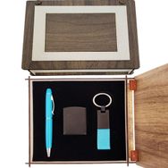 Pilelistore Özel Ahşap Kutulu Mavi Kalem Anahtarlık ve Çakmak Set