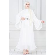 Piliseli Kolu Volanlı Diva Şifon Abiye Elbise-Beyaz