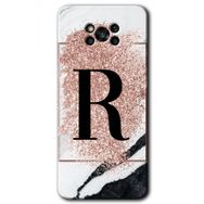 Poco X3 NFC Pembe Mermer Desenli R Harfi Baskılı Uyumlu Silikon Kılıf