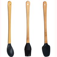 Porsima Mıen Siyah 23 cm 3 Parça Mini Silikon Kaşık Spatula Fırça Yanmaz Yapışmaz Hazırlık Seti