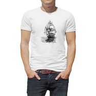 Qivi Amiral Gemisi Çizim Yelkenli Gemi Kalem Baskılı Baskılı Beyaz Erkek Örme T-shirt