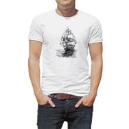Qivi Amiral Gemisi Çizim Yelkenli Gemi Kalem Baskılı Baskılı Beyaz Erkek Örme T-shirt