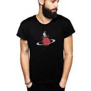Qivi Astronaut Stay On Saturn Biker Uzayda Baskılı Siyah Erkek Örme T-shirt