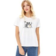 Qivi Bateri Drum Watercolor Baskılı Beyaz Örme Kadın T-shirt