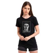 Qivi Charlie Chaplie Portre Baskılı Siyah Kadın Örme T-shirt