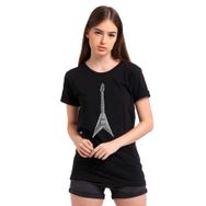 Qivi Drawing Rock Guitar Baskılı Örme Siyah Kadın T-shirt