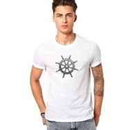Qivi Gemi Dümeni Baskılı Beyaz Erkek T-shirt