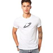 Qivi Gezegen Satürn Siyah ve Beyaz Jüpiter Baskılı Beyaz Erkek Örme T-shirt