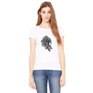 Qivi Kızılderili Kadın Baskılı Mavi Şeritli Baskılı Beyaz Örme Kadın T-shirt