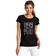 Qivi Live Fast Motorsiklet Baskılı Siyah Örme Kadın T-shirt