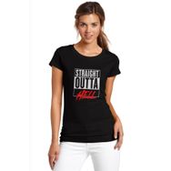 Qivi Lucifer Straight Outta Hell Baskılı Siyah Örme Kadın T-shirt