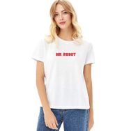 Qivi Mr Robot Baskılı Beyaz Kadın Örme T-shirt