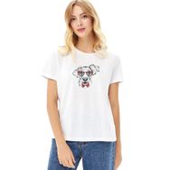 Qivi Papyonlu Köpek Baskılı Beyaz Örme Kadın T-shirt