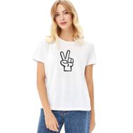 Qivi Peace Baskılı Beyaz Kadın Örme T-shirt