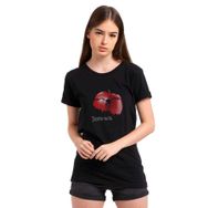 Qivi SFK0501KDNTS Death Note Elma Baskılı Siyah Örme Kadın T-shirt