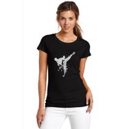 Qivi Silhouette Taekwondo Baskılı Siyah Kadın Örme T-shirt