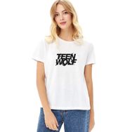 Qivi Teen Wolf Logo Baskılı Beyaz Örme Kadın T-shirt