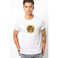 Qivi Turuncu Kaplan Yüz Çizimi Bengal Kaplanı Baskılı Beyaz Erkek Örme T-shirt