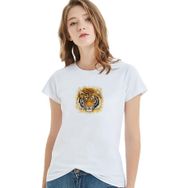 Qivi Turuncu Kaplan Yüz Çizimi Bengal Kaplanı Baskılı Beyaz Örme Kadın T-shirt