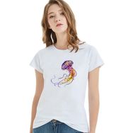 Qivi Watercolor Jellyfish Baskılı Beyaz Kadın T-shirt