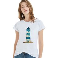 Qivi Watercolor Lighthouse Baskılı Beyaz Kadın T-shirt