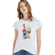 Qivi Watercolor Red Wine Bottle Rose Baskılı Beyaz Kadın T-shirt