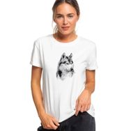 Qivi Wolf Kurt Sibirya Köpek Karakalem Çizim Baskılı Kadın Beyaz Örme T-shirt