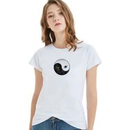 Qivi Ying Yang Cat Kedi Baskılı Beyaz Örme Kadın T-shirt