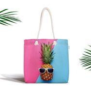 RealHomes Mavi Pembe Ananas Desenli Modern Fermuarlı Kumaş Çanta