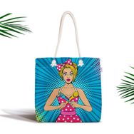 RealHomes Mavi Zemini Popart Girl Desenli Fermuarlı Modern Kumaş Çanta