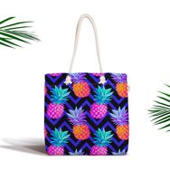 RealHomes Mavi Zigzag Zeminli Ananas Desenli Fermuarlı Modern Kumaş Çanta