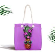 RealHomes Mor Zeminde Ananas Desenli Modern Fermuarlı Kumaş Çanta