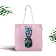 RealHomes Pembe Zeminde 3d Ananas Temalı Modern Fermuarlı Kumaş Çanta