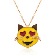 Rom Design 925 Ayar Kalp Gözlü Kedi Emoji Kadın Gümüş Kolye