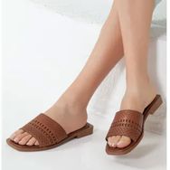 Rome Slippers RT-2204 Taba Hakiki Deri Kadın Günlük Terlik