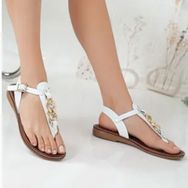 Rome Slippers RT-22052 Beyaz Zincirli Hakiki Deri Günlük Kadın Sandalet Ayakkabı