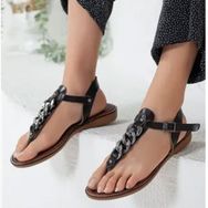 Rome Slippers RT-22052 Siyah Zincirli Hakiki Deri Günlük Kadın Sandalet Ayakkabı