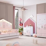 Ruum Store City Montessori 3 Kapaklı Dolap Yavrulu Korkuluklu Yatak Şifonyer Pembe Çocuk Odası Takımı