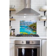 Saban 2'li 30x52 cm Fethiye Desenli Cam Ocak Arkası Koruyucusu ve Kesme Tahtası