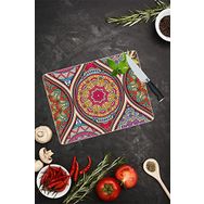 Saban Koyu Yuvarlak Mandala Desenli 30x40 cm Cam Kesme Tahtası
