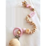 Sahi Aksesuar Pembe-1 İsme Özel Ahşap Emzik Zinciri, Doğal Ahşap Bebek Hediyesi