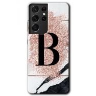 Samsung Galaxy S21 Ultra Pembe Mermer Desenli B Harfi Baskılı Uyumlu Silikon Kılıf