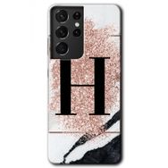 Samsung Galaxy S21 Ultra Pembe Mermer Desenli H Harfi Baskılı Uyumlu Silikon Kılıf